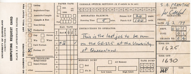GE-225 Last Job Card
